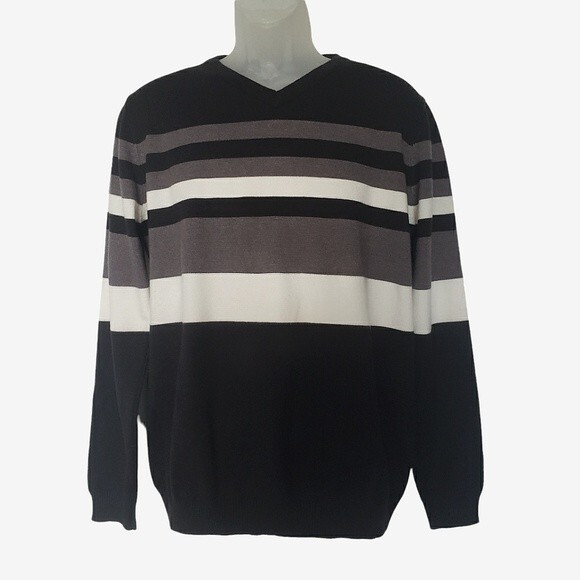 Scott James Sweater Mens Size L V-Neck Black Gray Cream Striped Preppy Academia - Picture 1 of 6
